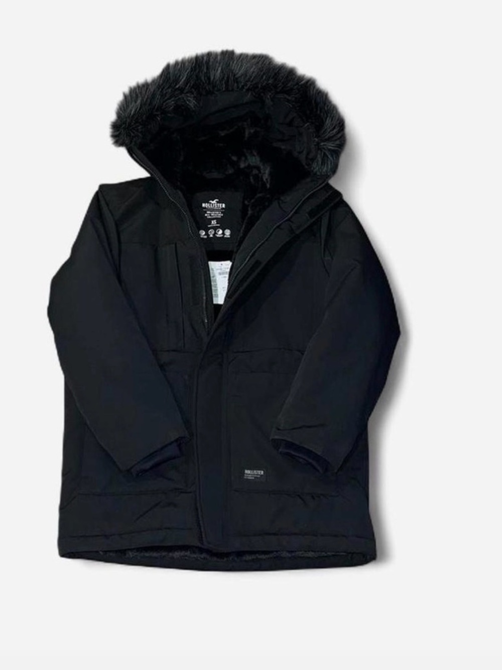 NWT Hollister Black Hooded Coat with Faux Fur Trim